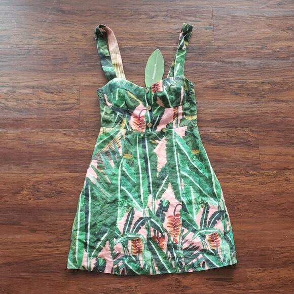 NWT FARM Rio 100% Linen Tropical Chic Trendy Amazonia Forest Mini Dress Size XS - Picture 2 of 14